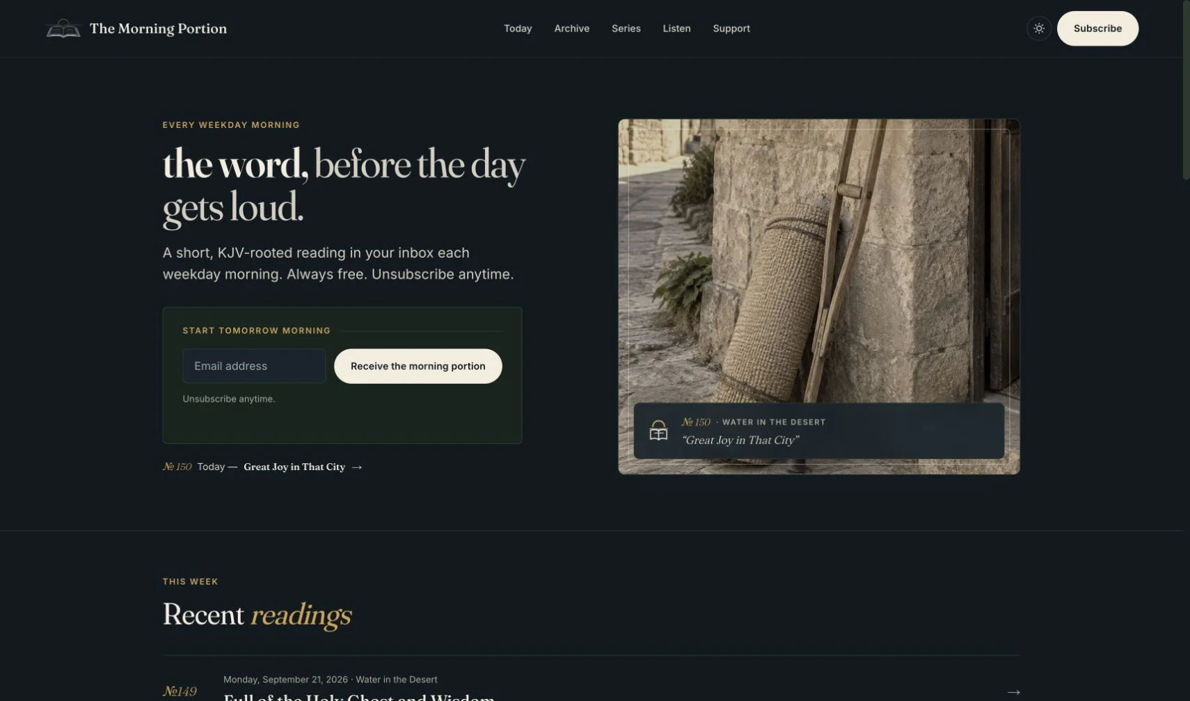 The Morning Portion homepage with the latest scripture reading and email signup.